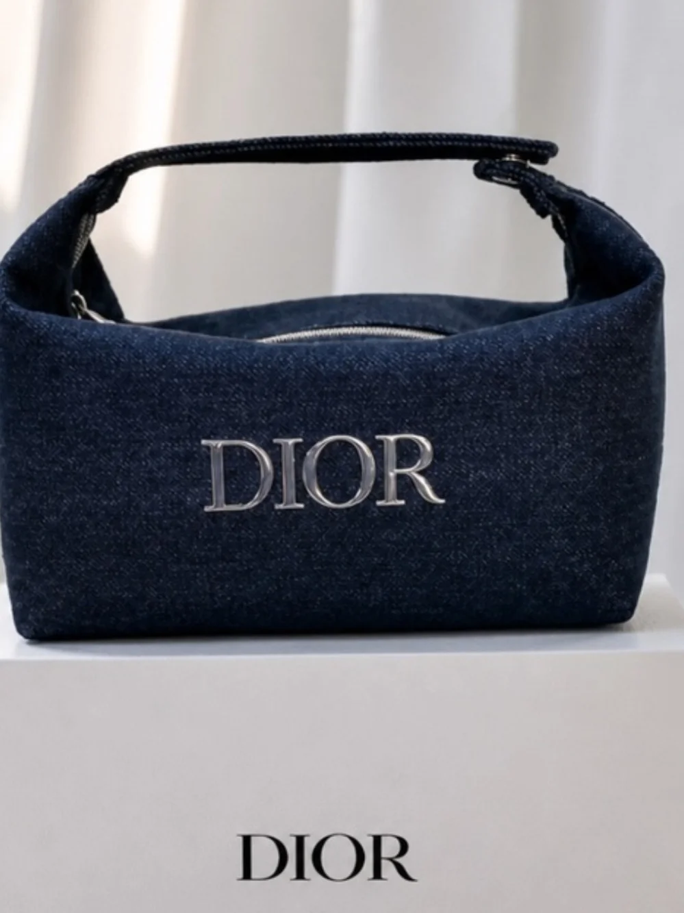 Dior Dark Blue Denim Cosmetic Pouch with Silver Logo